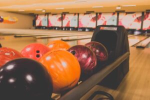 bowling balls on rack